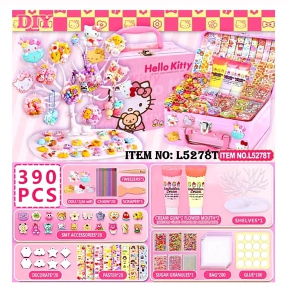Hộp vali thiếc kitty bộ dán trang trí móc khóa, kẹp + keo + giá đỡ trưng bày nai , L5278T